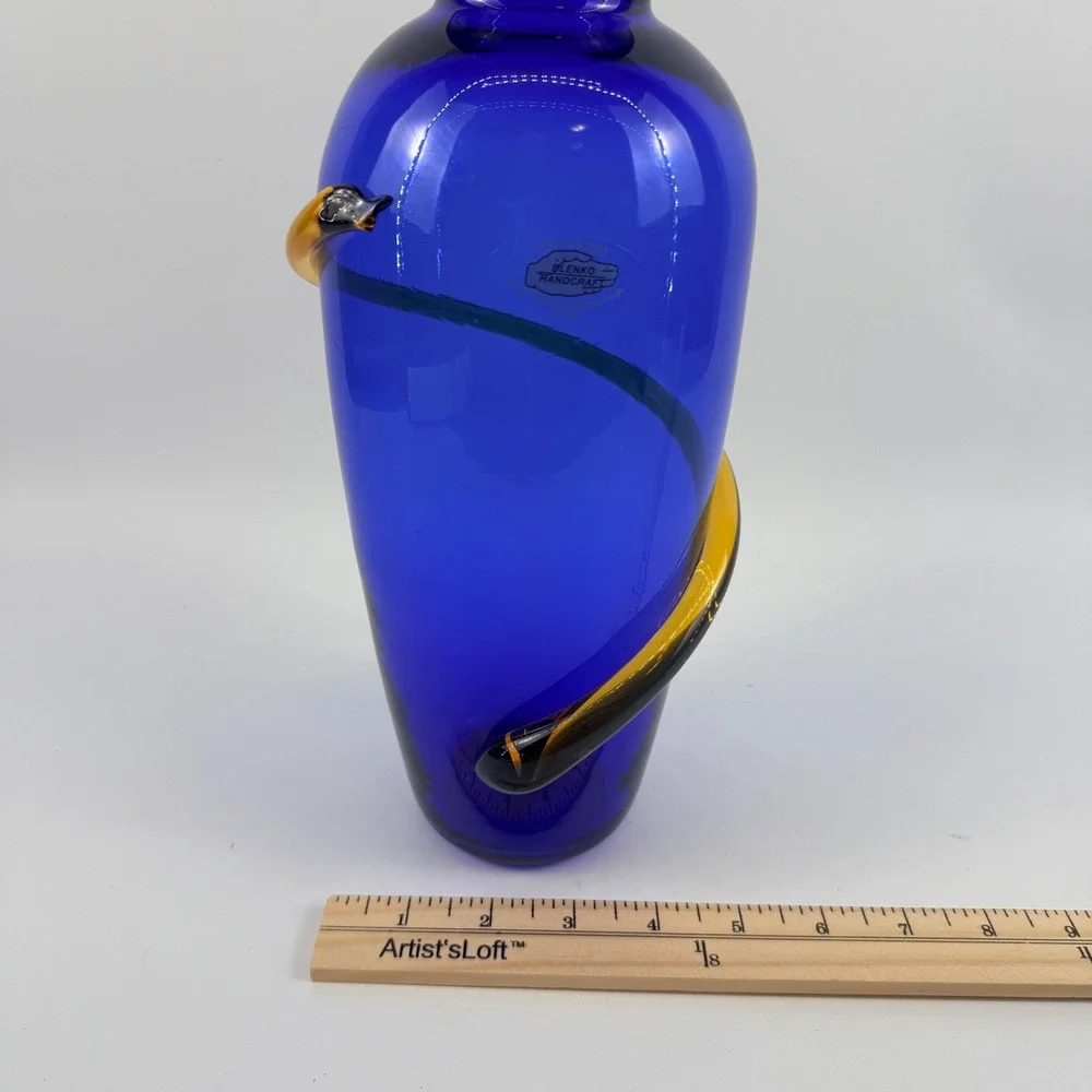 Blenko 9907L Cobalt Blue Art Glass Vase Topaz Applied Spiral Handcrafted USA